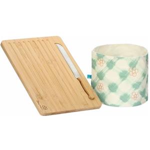 THUN - Set tagliere in legno e sacchetto porta pane Bloomia, Acciaio inossidabile, 100%cotone, Collezione Giardino primavera, Tagliere 35 x 25 x 5cm, coltello 28 x 2.5 x 1.5 cm, cestino Ø 20 x 17 cm h