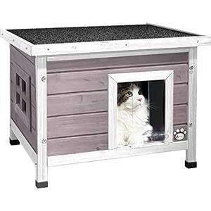 VOUNOT® Casetta per Gatti in Legno con Finestra in Plexiglas, Cuccia da Esterno Casa per Gatti con Porta e Tetto 57x45x43cm Grigio