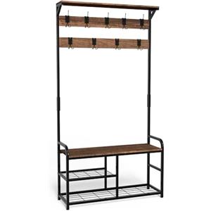 VOUNOT® Stand Appendiabiti da Terra con Panca Scarpiera a 3 Ripiani, Attaccapanni Autoportante Mobile Ingresso Corridoio 9 Ganci Rimovibili, Design Moderno Industriale 85x33x185cm