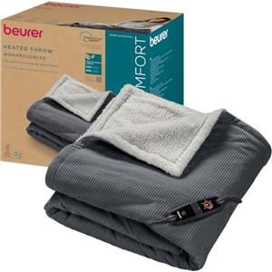 Beurer HD 80 Coperta termica in velluto a coste con 6 livelli di temperatura, materiali riciclati, con spegnimento automatico e sistema di sicurezza, coperta in morbido tessuto grigio