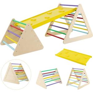 RELAX4LIFE Triangolo da Arrampicata con Scivolo per Bambini, 2 Scale e 1 Rampa per Arrampicarsi in Legno, Giochi Montessori, Parco Divertimenti per Bimbi 1+ Anni (Colorato)