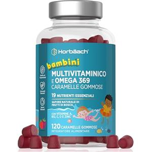 Horbäach Multivitaminico e Omega 3 6 9 per Bambini | 120 Caramelle Gommose | 19 Nutrienti Importanti con Iodio, Vitamina C, E, D3, B6, B7, B12 | Multivitamin Gummies with Omega 369 | Horbaach