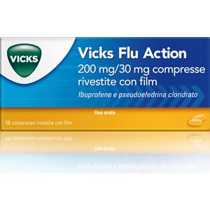 Vicks Flu Action - Compresse Rivestite 200 mg di Ibuprofene e 30 mg di Pseudoefedrina, 12 Compresse per Raffreddore e Influenza
