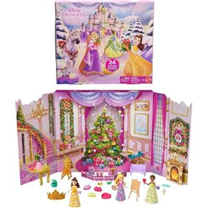 Mattel Disney Princess Calendario dell'Avvento con 24 giorni di sorprese, tra cui 3 mini bambole, 3 amici, 6 abiti e 16 accessori ispirati ai film, JFG79