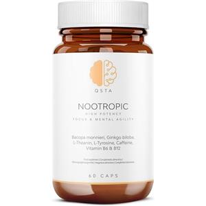 QSTA Nootropico - Integratore Memoria e Concentrazione con Bacopa Monnieri, Ginkgo Biloba, Tirosina, Teanina, Caffeina, Vitamine B6 e B12 - Integratore Studio Memoria e Focus Naturale - 60 Capsule
