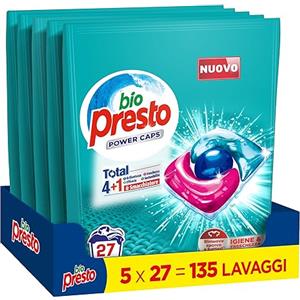 Bio Presto Power Caps Igiene & Freschezza, Detersivo Lavatrice Predosato In Capsule, Rimuove sporco e batteri, Confezione Da 135 Lavaggi