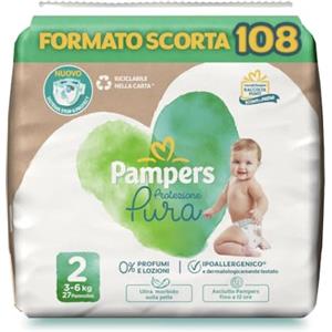 Pampers Protezione Pura, 108 Pannolini Ipoallergenici con 0% Profumo e lozioni, Taglia 2 3-6 Kg, Taglia 2 - Nuova versione