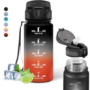 Grsta Borraccia Bambini, Borraccia 0,5 Litri, Bottiglie con Cannuccia Senza Perdite, Borraccie Motivazionale con Scala Temporale, Facile da Pulire, Borracce con Orari per Bere, per Scuole, Corsa, Viaggio