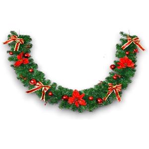 Generico Ghirlanda Stelle di Natale Verde con Fiori POINSETTIA, 200 cm 240 Rami Addobbata con Fiocchi Papillon e Palline rosse, Fuoriporta 2 mt Corona Natalizia TRALCIO FOLTO