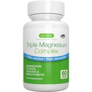 Igennus Healthcare Nutrition Complesso di Magnesio Triplo, 2000 mg di Glicinato, Citrato e Taurato, Etichetta Pulita, Chelato, 262 mg di Magnesio Elementare, Vegano, 60 Compresse, 30 Porzioni, Igennus