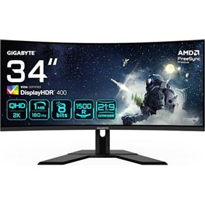 Gigabyte G34WQCP 34" Monitor Gaming Curvo WQHD - 3440 x 1440, VA, 180Hz, 1ms, 1500R, 350 cd/m², FreeSync Premium, DisplayHDR 400, HDMI 2.0, DisplayPort 1.4
