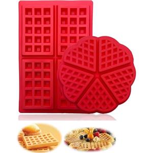 Febbya Stampo in silicone per waffle, set da 2 stampi in silicone antiaderenti, per bambini, muffin, biscotti, cucina, cottura rettangolare e a forma di cuore rosso