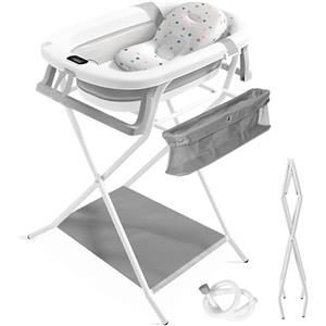 JUPPLIES Vaschetta Bagnetto Neonato Pieghevole con Supporto Metallico e Tubo di Scarico - Vasca Neonato con Cuscino Ergonomico, Termometro Digitale e Piedini Antiscivolo (Grigio con gambe)