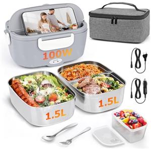 Czoele® 100W Scaldavivande Elettrico Portatile 12V 24V 220V Scalda Vivande Elettrico con Borsa Forchetta e Cucchiaio per Auto Camion e Ufficio Schiscetta Pranzo Riscaldabile 2 Contenitori Acciaio Inox