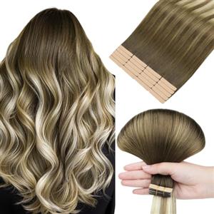 Hotbanana Extension adesiva per vero capelli, 35 cm, 10 pezzi da 25 g, ombré di noce marrone fino a marrone cenere e bionda sbiancato, vero capelli diretti