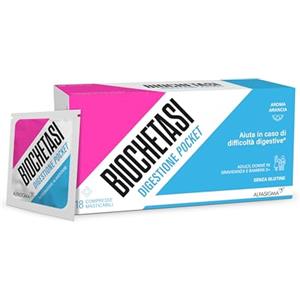 BIOCHETASI Digestione Pocket, per Aiutare la Digestione anche Fuori Casa, Senza Zucchero, 18 Compresse Masticabili Gusto Arancia,