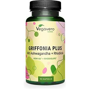 Vegavero Griffonia 5-HTP Vegavero® | con Ashwagandha KSM-66® e Rhodiola Rosea | 20% 5HTP (5-idrossitriptofano) | Integratore Precursore Serotonina | Senza Additivi | 90 capsule | Vegan