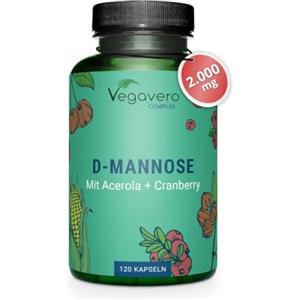 Vegavero D-MANNOSIO Puro 2.000 mg | con Mirtillo Rosso e Vitamina C | 100% NATURALE | Alto Dosaggio | per Cistite e Vie Urinarie | Vegan e Senza Additivi | Testato in laboratorio | 120 capsule
