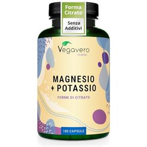 Vegavero Magnesio e Potassio Vegavero® | l'unico SENZA ADDITIVI | Forma Citrato ad Alta Biodisponibilità | contro Stanchezza e Affaticamento | Sali Minerali per Muscoli e Crampi | 180 capsule | Vegan