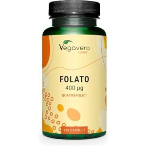 Vegavero ACIDO FOLICO Vegavero® | 400 mcg | L-Metilfolato 5MTHF (Quatrefolic®) dall'Italia | L'UNICO SENZA ADDITIVI | Folato Attivo Certificato in Laboratorio | Folic Acid | 120 capsule | Vegan