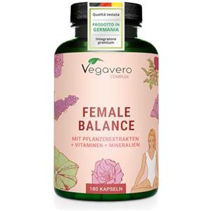 Vegavero FEMALE BALANCE | 180 capsule | per Squilibrio Ormonale con Agnocasto, Maca, Magnesio, Acido Folico, Vitamine e Minerali | Amenorrea e PMS | Vegan e Senza Additivi