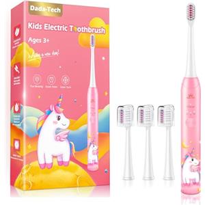 DADA-TECH Spazzolino Elettrico Bambini 3-6-12 Anni Spazzolino Elettrico Bambina Bimba Bambino Con Timer Luci LED Arcobaleno E 4 Testine (Unicorno Rosa)