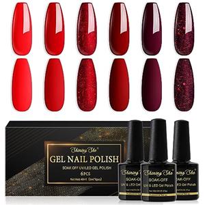 Shining She Smalto Semipermanente per Unghie, 6 Colori Rosso Bordeaux Rosso Bruno Glitter, Soak-Off UV per Novice Nail Art DIY, 8ml