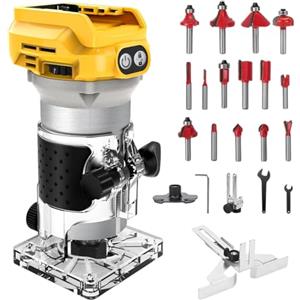 Ayolofei Fresatrice Verticale Compatibile con Dewalt 20V Batteria, Fresa Senza Spazzole da 1300W, 6 Velocità Portatile Fresatrice a Mano con Ruota di Guida, Guida Dritta, 15 Frese e 2 Chiavi (Senza Batteria)