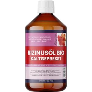 Nakobe Olio di ricino biologico 1000 ml - 100% spremuto a freddo & puro - Per capelli, unghie, ciglia e pelle - Vegano, senza additivi - Nakobe