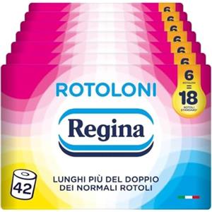 Regina Rotoloni Regina - 42 Maxi Rotoli di Carta Igienica, 500 Fogli a 2 Veli, Lunghi Più del Doppio dei Normali Rotoli, Confezione 50% in Plastica Riciclata, Carta 100% Certificata FSC