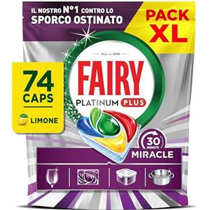 Fairy 30 Minuti Miracle Detersivo Pastiglie Lavastoviglie, 74 Capsule, Limone, Il Nostro N.1 Contro Lo Sporco Ostinato, Potente Anche Nei Cicli Brevi, MEGA Pack