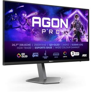 AOC Agon PRO AG276QZD Monitor da gioco OLED QHD da 2-27 pollici, 280 Hz, 0.03 ms GtG, FreeSync Premium Pro, G-Sync comp., HDR400 2560x1440, 2X HDMI 2.1, DisplayPort, USB Hub nero