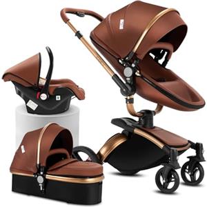 Reenborn Pelle PU Passeggino Trio, Passeggino 3 in 1 con Sedili Regolabili Rotanti 360°, Trio con Telaio Alluminio Paesaggistico Alto, Trio Passeggino Neonati Design Pieghevole in Un Clic (906 Brown)
