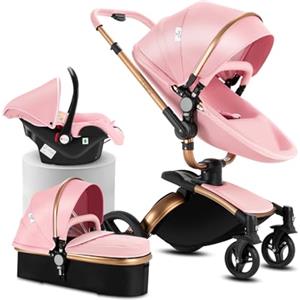 Reenborn Pelle PU Passeggino Trio 3 in 1 con Sedili Regolabili Rotanti 360°, Trio con Telaio Alluminio Paesaggistico Alto, Passeggino Neonati Design Pieghevole in Un Clic (906 Pink)