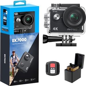 AKASO EK7000 Action Cam 4K 30FPS, WiFi 20MP Fotocamera Subacquea, Videocamera Stabilizzata Caricabatterie con 2 Batterie, Angolo di 170°, Telecomando 2.4G, Accesorios Multiples per Bicicletta Casco