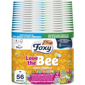 Foxy Love the Bee | Carta igienica 56 rotoli da 225 strappi | 2 veli elevato spessore | FSC |100% Energia elettrica rinnovabile| Confezione riciclabile prodotta con plastica riciclata, 1 item