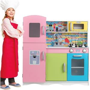 BAKAJI Cucina in Legno Giocattolo per Bambini con Frigorifero, Lavello, 4 Fornelli e Accessori in Acciaio - Dimensioni 80 x 30 x 85 cm