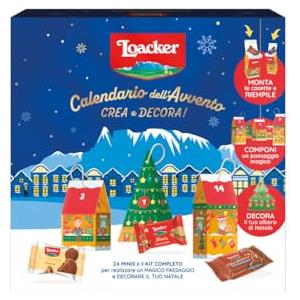 Loacker, Calendario dell'Avvento 2025 con 24 Bontà Loacker, Wafer e Cioccolatini in 10 Gusti Diversi, Cofanetto Blu con Kit per Decorare le tue Feste, Idea Regalo per Natale