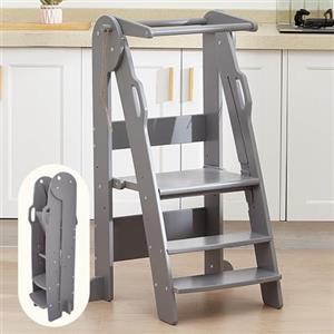 FUNLIO Sgabello pieghevole da cucina, torre per bambini da 2 a 6 anni regolabile in altezza a 3 livelli, torre montessoriana per bambini per l'apprendimento, approvata dal CPC - Grigio