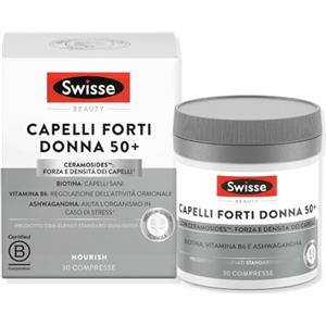 SWISSE Capelli Forti Donna 50+ - Integratore per Capelli Donna con Biotina Ceramosides Vitamina B6-30 Compresse, Pre-Menopausa e Menopausa Integratori Regolazione Attività Ormonale - Made in Italy
