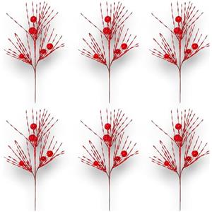 KORAT Set da 6 Steli Decorativi da 45 cm con 5 Mini Palline Lucide Ramo Natalizio Glitterato per Albero, Ghirlande, Centrotavola e Composizioni Floreali Decorazione Natalizia Elegante (ROSSO)