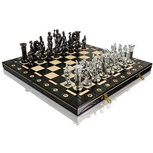 Master of Chess Scacchiera in Legno "CHROME SPARTAN" 42cm - Fatto a Mano Scacchiera Portatile - Argento Set di Scacchi Pieghevoli per Bambini e Adulti - Figure Cromate e Ponderate