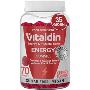 VITALDIN Energy - Caramelle Gommose Energetiche Vegane e Senza Zuccheri - Con Ginseng, Guaranà, Caffeina, Taurina e Vitamine B - Supporta la Concentrazione e Riduce la Fatica Mentale - Gusto Ciliegia