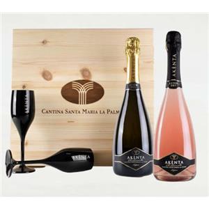 Slow Sardinia - Confezione vini Sardi - Akènta Vermentino di Sardegna DOC Spumante Extra Dry - Akènta Rosè Vino Spumante Rosato IGT Cagnulari - 2 bicchieri flûtes in regalo - Elegante scatola regalo