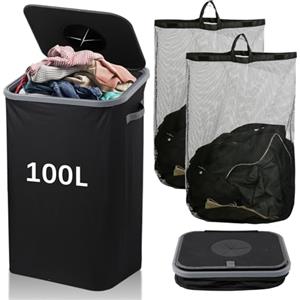 FYting Cesto Portabiancheria,100 L Cesta Portabiancheria,XXL Portabiancheria Sporca Salvaspazio Pieghevole con 2 pezzi Borsa Interna Impermeabile Rimovibile/Design di Apertura Incline (Nero)