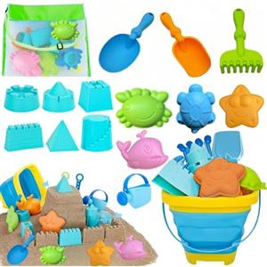 FuouYA Giochi Spiaggia Bambini,16 Pezzi Set Giocattoli Spiaggia Set，Secchiello Spiaggia Bambini con Secchiello Pieghevole Spiaggia,Borsa Rete,Pala,Rastrello per Sabbia,Formine Spiaggia