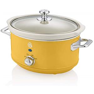 Swan Retro SF17021YELN Slow Cooker 3,5L Contenitore di Cottura rimovibile, Ceramic Non-Stick PFOA & PTFE Free , 3 Livelli di Temperatura, Coperchio di Vetro, Design Vintage, Giallo, 200W