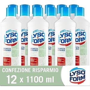 Lysoform Pavimenti Superfici Delicate Gres e Piastrelle, Detersivo Pavimenti, Aiuta a Rimuovere gli Allergeni, Lieviti e Muffe, con Fragranza Biodegradabile, 12 Pezzi da 1100 ml