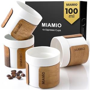 MIAMIO - Set di Tazze da Espresso da 4 (100 ml) Tazze da Tè Giapponese in Ceramica/Tazze Senza Manico con Fascia in Legno Rimovibile/Tazze da Caffè Senza Manico (Bianco)