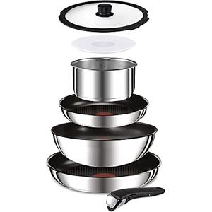 Lagostina Ingenio Inox Set di Pentole e Padelle in Acciaio Inox, Rivestimento antiaderente, 7 Pezzi, Adatto ad Induzione, 1 Casseruola, 2 Padelle, 1 Wok, 1 Coperchio in vetro, 1 Coperchio in Plastica